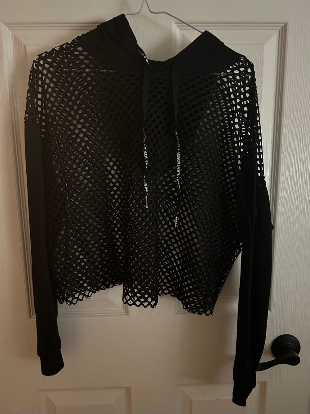 SHEIN Black Open-Knit Hooded Crop Sweater